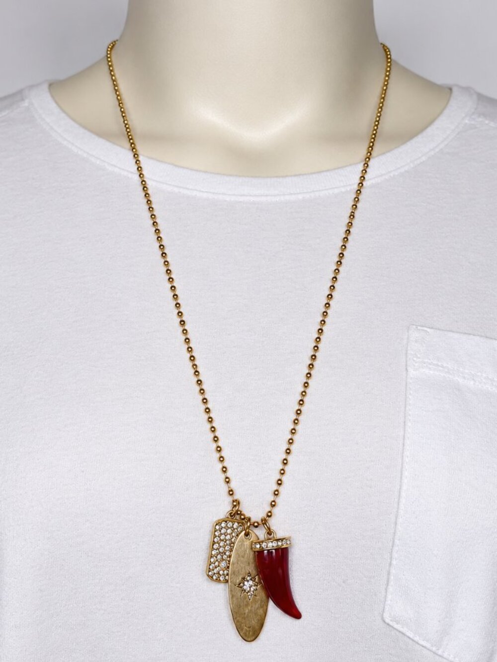 Gold Tone Red Horn Charm Long Pendant Necklace Rhinestone Accents